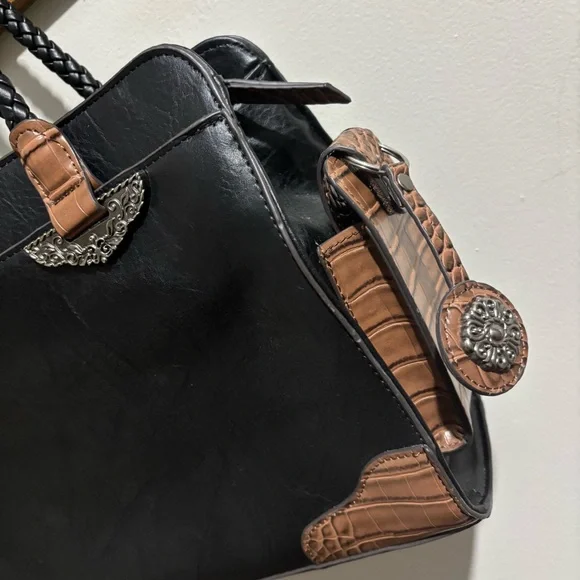 Mixed Media Black Brown Faux Leather Tote Shoulder Purse Document Bag Embossed - Picture 3 of 14